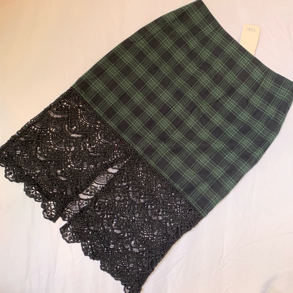 NWT TOBI plaid & lace sheer pencil skirt tartan S